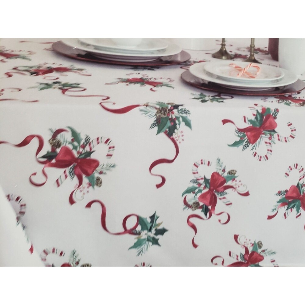 Fabric Tablecloth, 70" Round, CHRISTMAS CANDY CANES,HOLLY BERRIES & RIBBONS, BM
